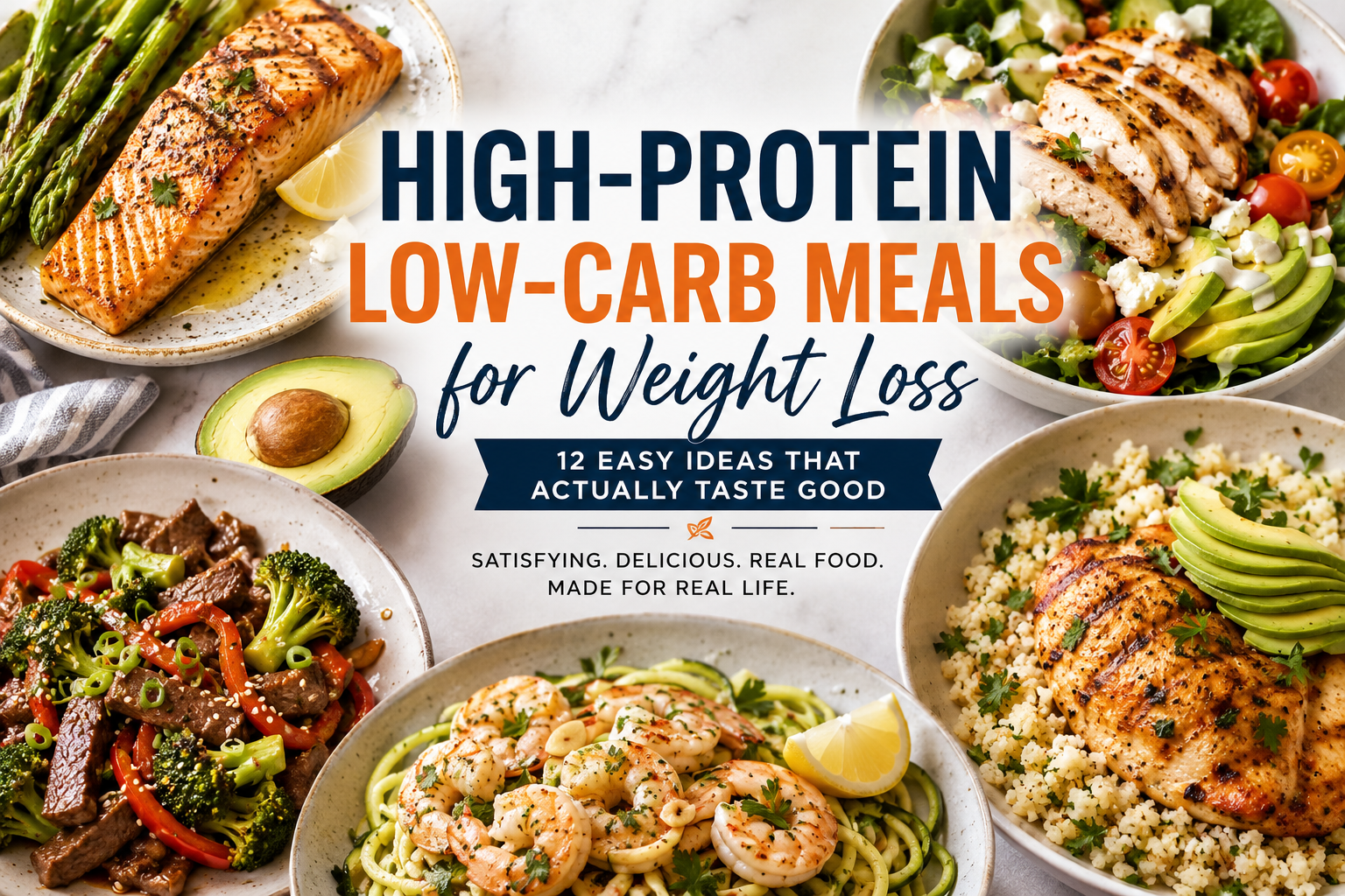 High-protein low-carb meal with grilled chicken, salmon, vegetables and avocado for healthy weight management