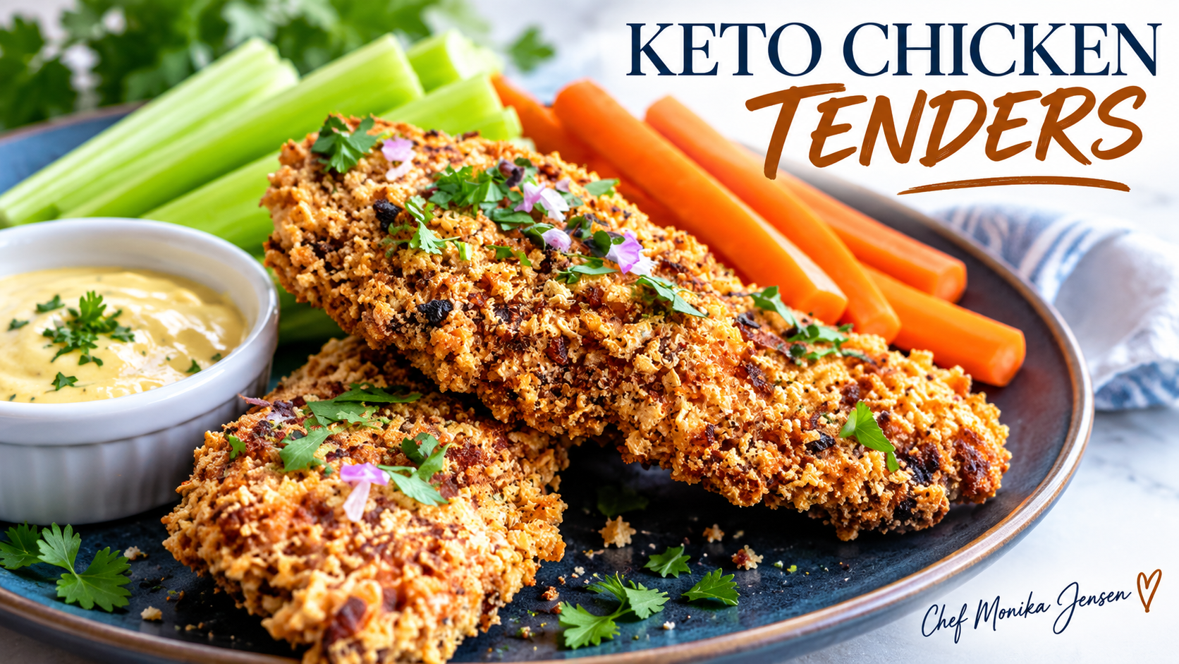 Crispy keto chicken tenders with pork rind and Parmesan breading by Chef Monika Jensen