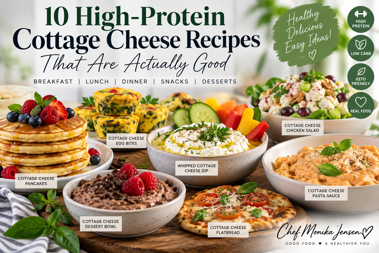 Ten high-protein cottage cheese recipes including pancakes, egg bites, whipped dip, chicken salad, flatbread, pasta sauce and dessert bowls by Chef Monika Jensen