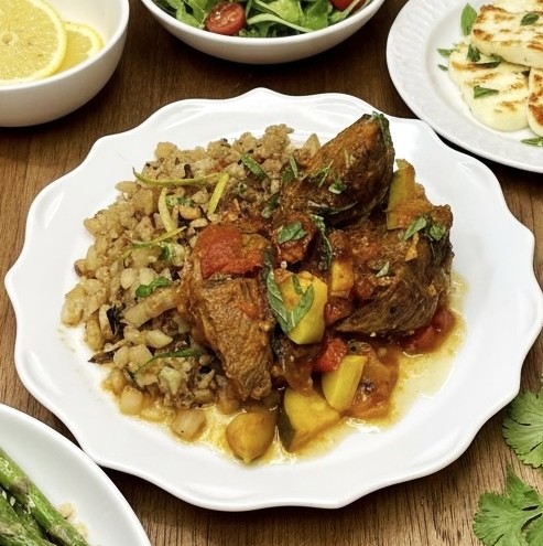 Slow-cooked lamb stew with zucchini, tomatoes and cauliflower couscous by Chef Monika Jensen