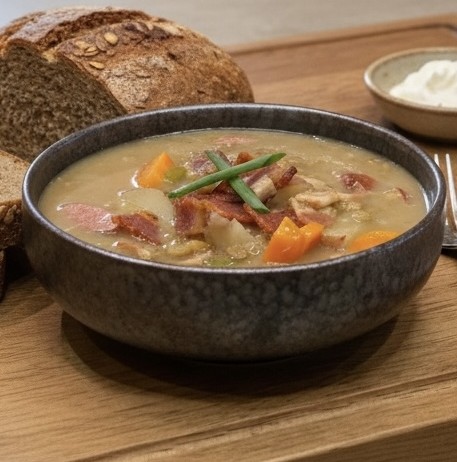 German Lentil Soup with sausage, bacon, green lentils, carrots and potatoes