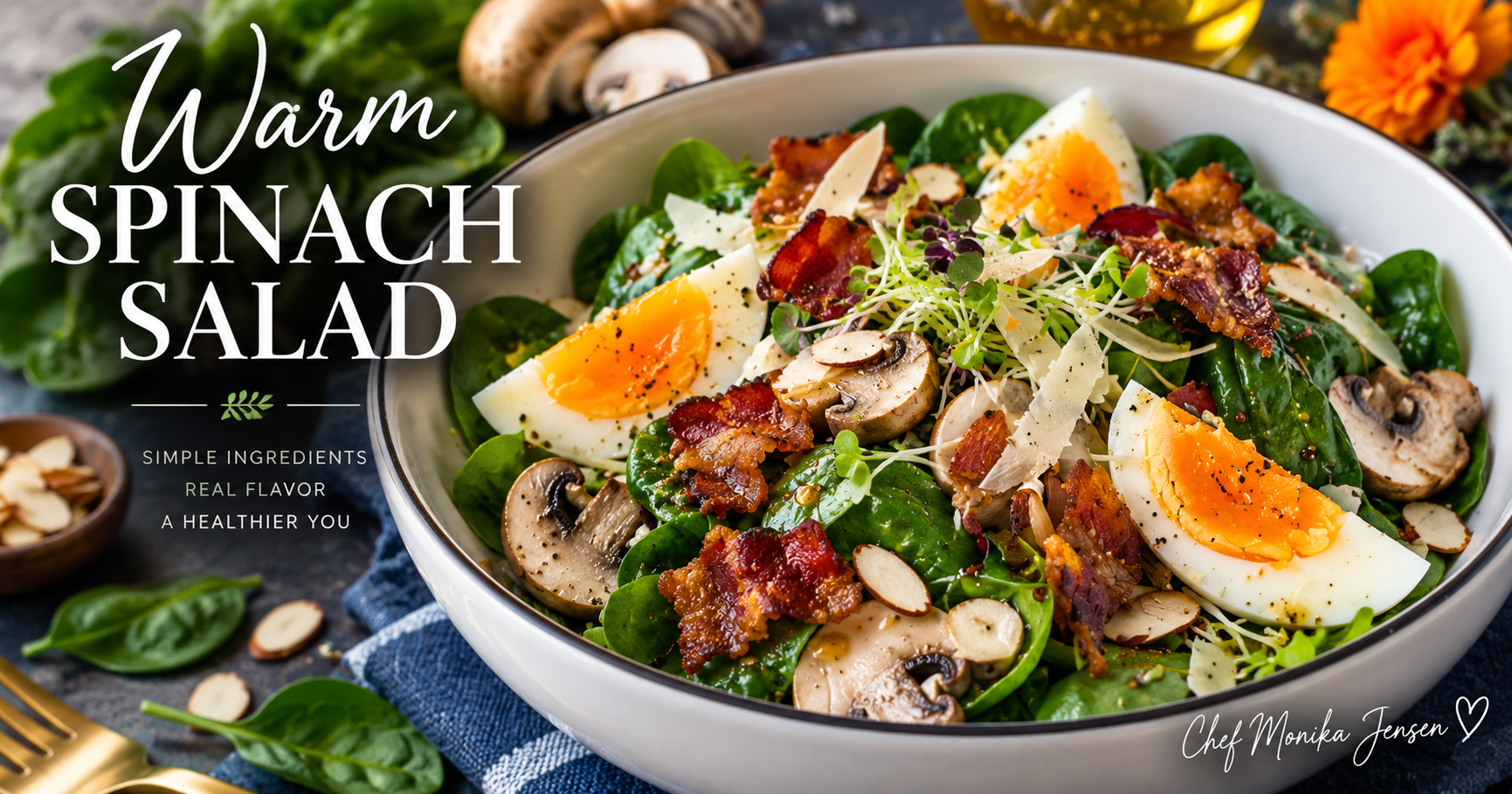 Warm spinach salad with bacon, hard-boiled eggs, mushrooms and Swiss cheese by Chef Monika Jensen
